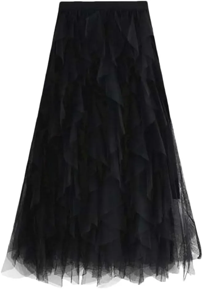 Women's Mesh Cake Skirts High Waist Party Prom Layered Tulle A Line Midi Skirt