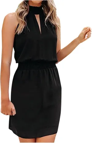 Womens Mock Neck Cutout Elastic Waist Casual Mini Dresses Summer Solid Business Dress Sleeveless Short Beach Sundress