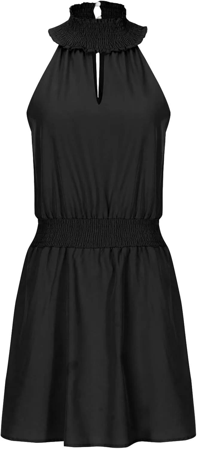 Womens Mock Neck Cutout Elastic Waist Casual Mini Dresses Summer Solid Business Dress Sleeveless Short Beach Sundress