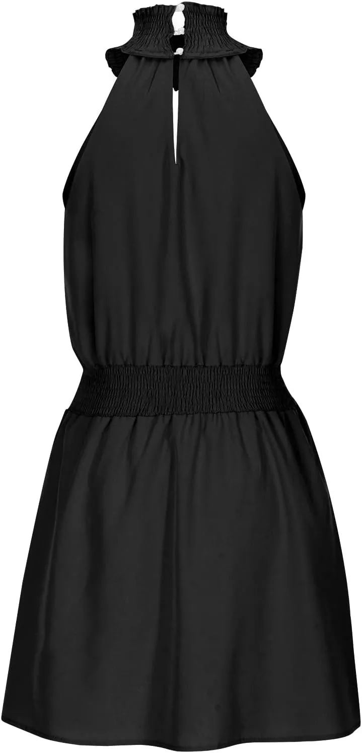 Womens Mock Neck Cutout Elastic Waist Casual Mini Dresses Summer Solid Business Dress Sleeveless Short Beach Sundress