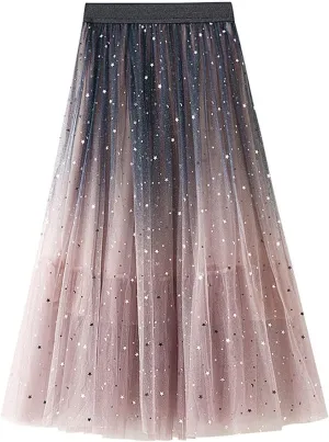 Women's Pleated Skirt Midi Swing Skirt Double-Layered Mesh Midi Skirt Elastic High Waist Swing A-Line Tulle Skirt