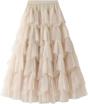 Women's Pleated Skirt Midi Swing Skirt Double-Layered Mesh Midi Skirt Elastic High Waist Swing A-Line Tulle Skirt