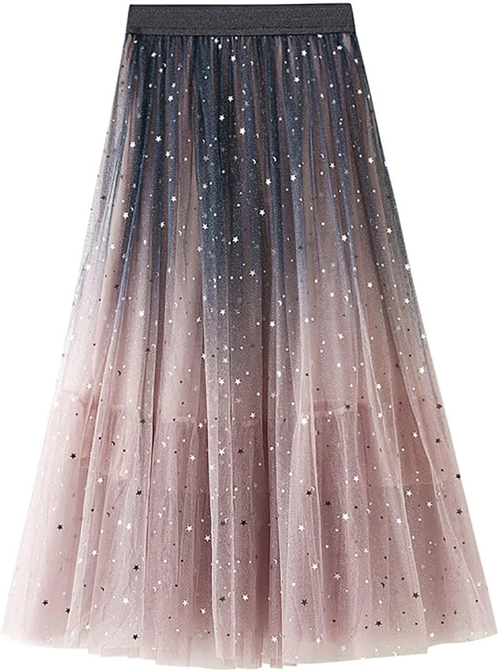 Women's Pleated Skirt Midi Swing Skirt Double-Layered Mesh Midi Skirt Elastic High Waist Swing A-Line Tulle Skirt