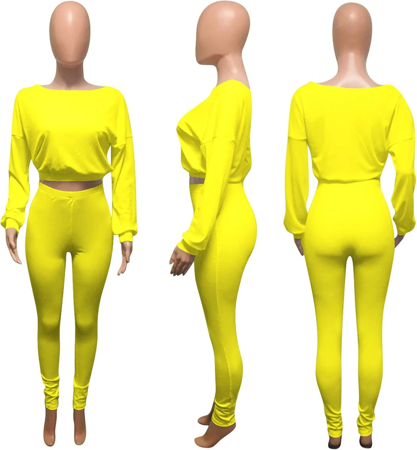 Womens Ribbed 2 Piece Outfits Long Sleeve Crop Top Pullover Skinny Long Pants Sweatsuits Set Tracksuit