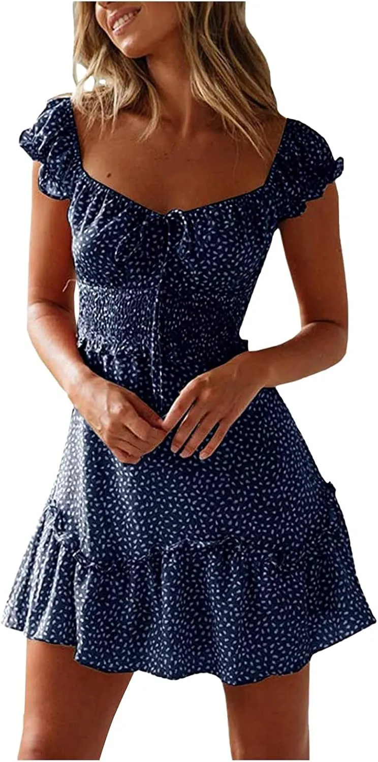Womens Ruffle Floral Mini Sundress 2024 Summer Outdoor Vacation Travel Dress Square Neck Bohemia Style High Waisted Dresses