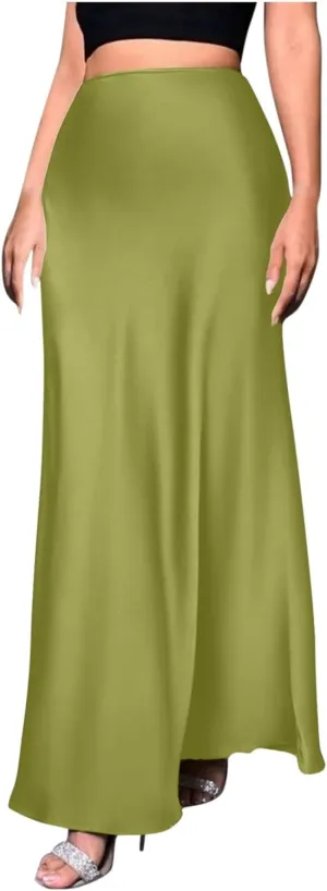 Women's Satin High Waisted Maxi Skirts Elegant Solid Color A Line Long Skirt Soft Work Office Half Dress