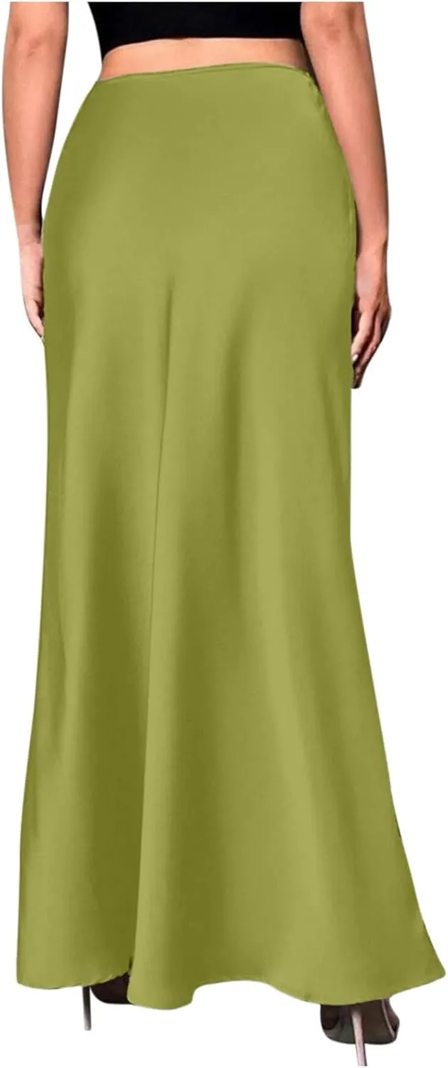 Women's Satin High Waisted Maxi Skirts Elegant Solid Color A Line Long Skirt Soft Work Office Half Dress