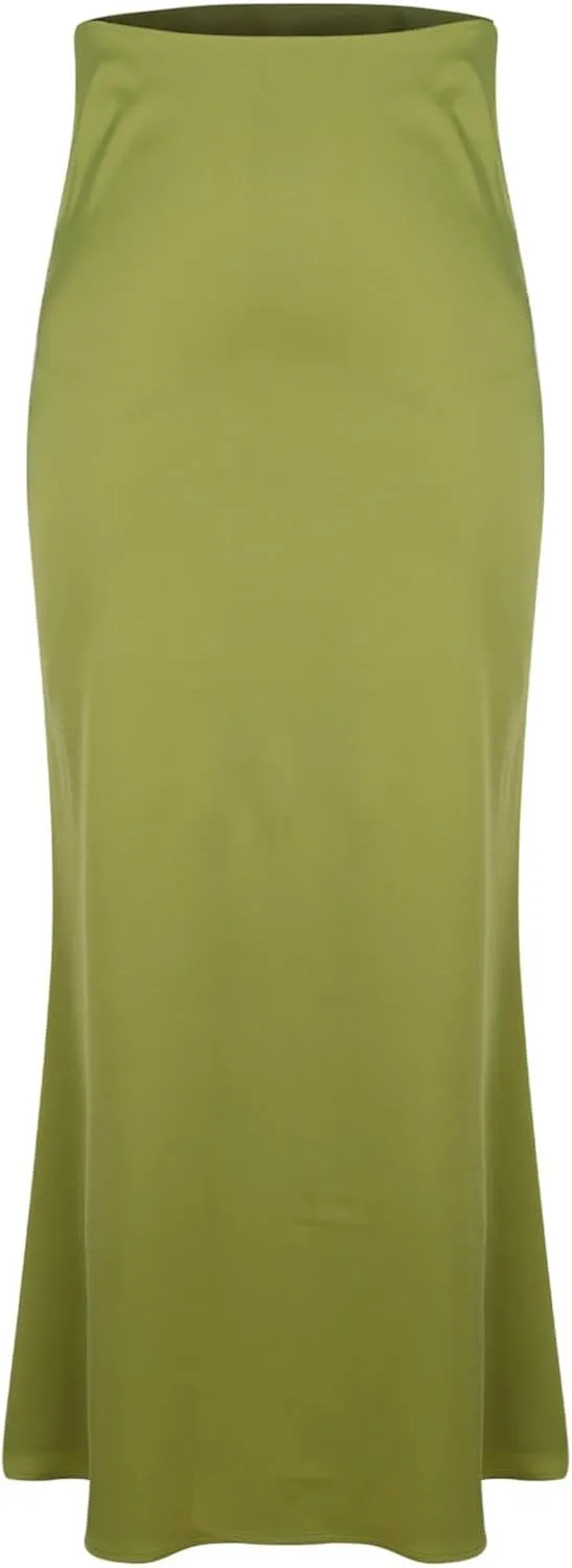 Women's Satin High Waisted Maxi Skirts Elegant Solid Color A Line Long Skirt Soft Work Office Half Dress