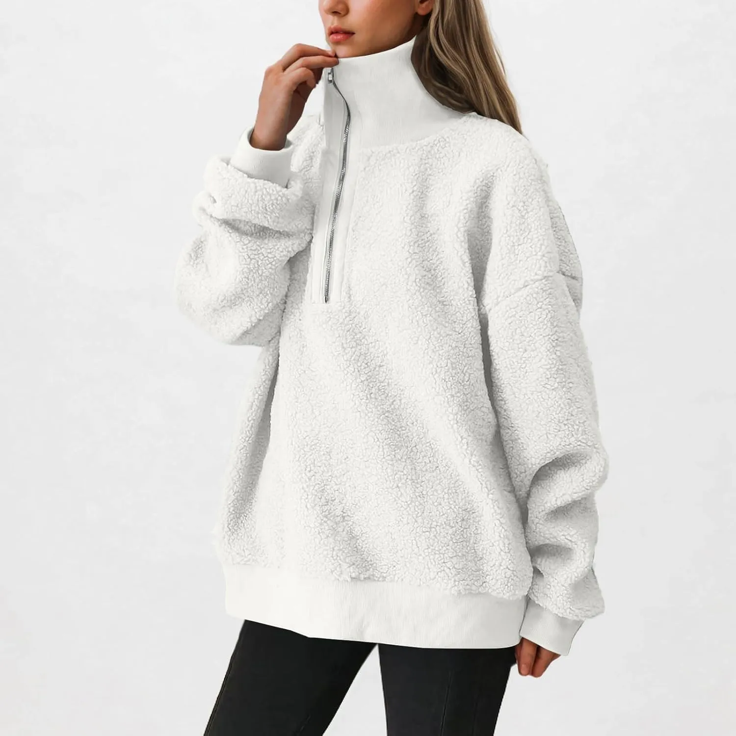 Womens Sherpa Hoodies Quarter Zip Up Fuzzy Fleece Pullover Top Casual Loose Fluffy Sweatshirts Warm Winter Clothes