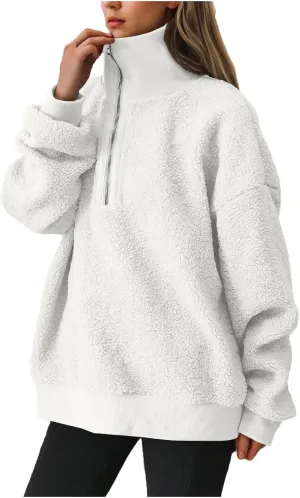 Womens Sherpa Hoodies Quarter Zip Up Fuzzy Fleece Pullover Top Casual Loose Fluffy Sweatshirts Warm Winter Clothes
