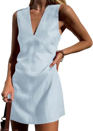 Womens Shirt Dresses Cotton Linen Mini Dress Sleeveless V Neck Tunic Dress Casual Tank Dresses Summer Beach Sundress