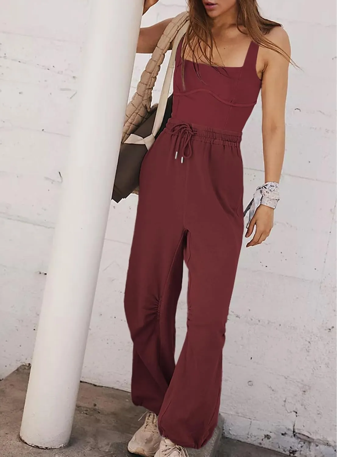 Women's Sleeveless Summer Jumpsuit Square Neck Drawstring Waist Long Romper Jumpers 2025 with Pockets