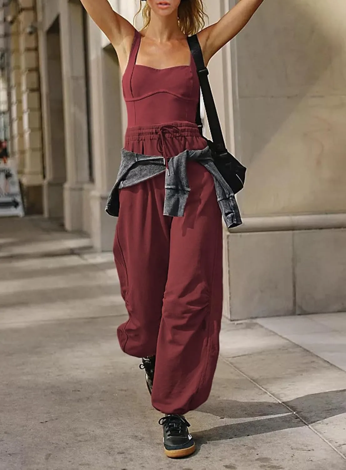 Women's Sleeveless Summer Jumpsuit Square Neck Drawstring Waist Long Romper Jumpers 2025 with Pockets