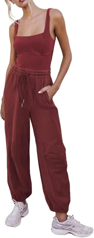 Women's Sleeveless Summer Jumpsuit Square Neck Drawstring Waist Long Romper Jumpers 2025 with Pockets