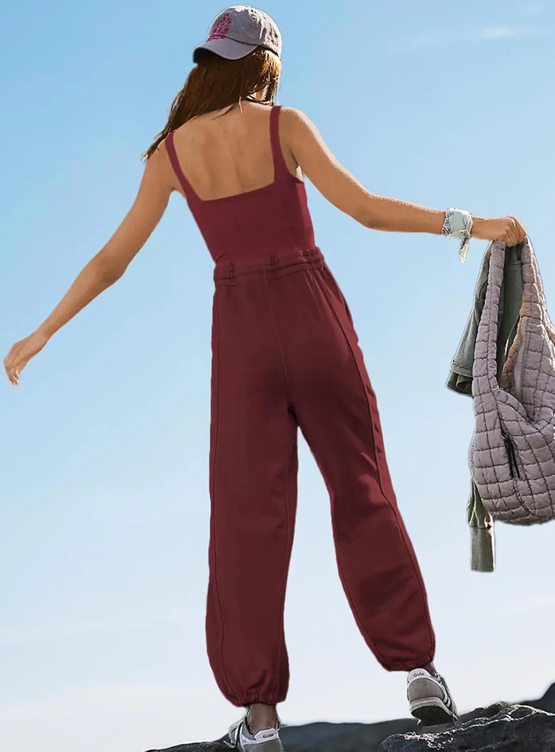 Women's Sleeveless Summer Jumpsuit Square Neck Drawstring Waist Long Romper Jumpers 2025 with Pockets