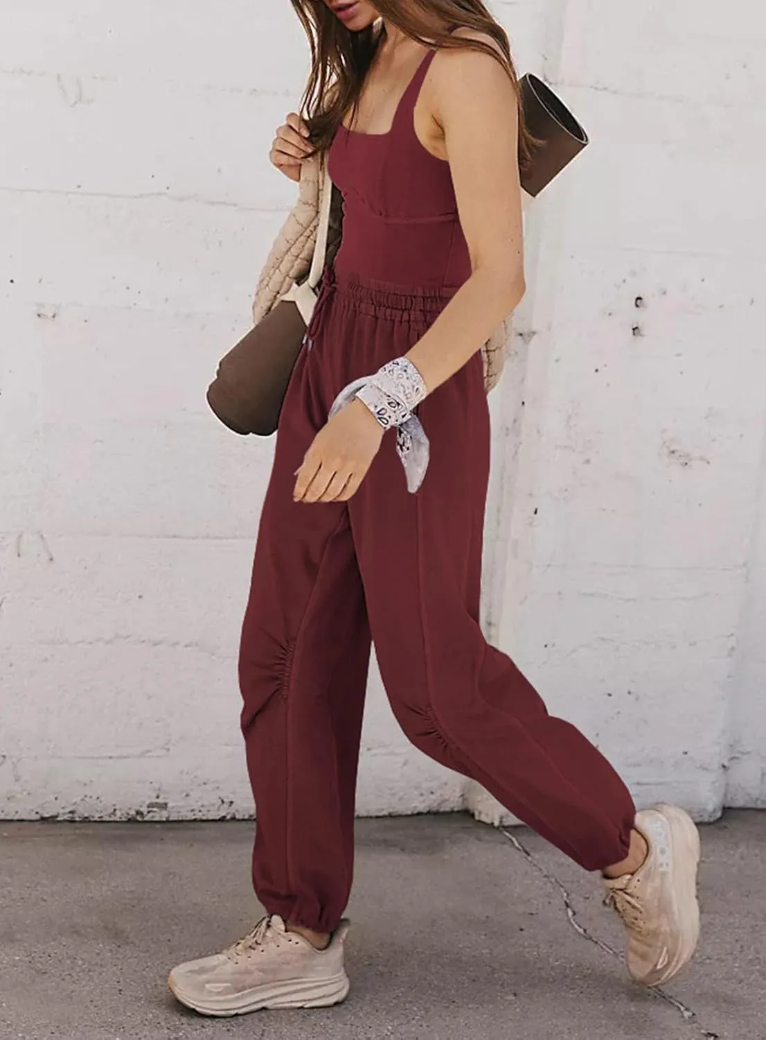 Women's Sleeveless Summer Jumpsuit Square Neck Drawstring Waist Long Romper Jumpers 2025 with Pockets