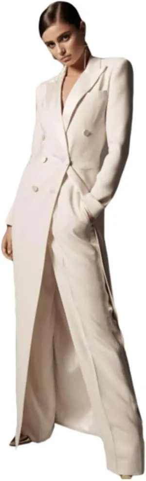 Women's Suit Double Breasted Long Jacket Pants Peak Lapel Tuxedos Two Pieces Set for Wedding Party