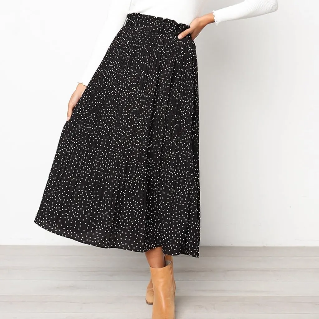 Womens Summer Boho Elastic Waist Pleated Midi Skirt Elegant Long Maxi A-Line Midi Skirts with Pocket