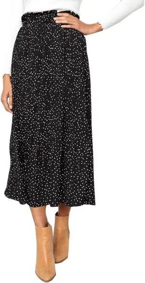 Womens Summer Boho Elastic Waist Pleated Midi Skirt Elegant Long Maxi A-Line Midi Skirts with Pocket