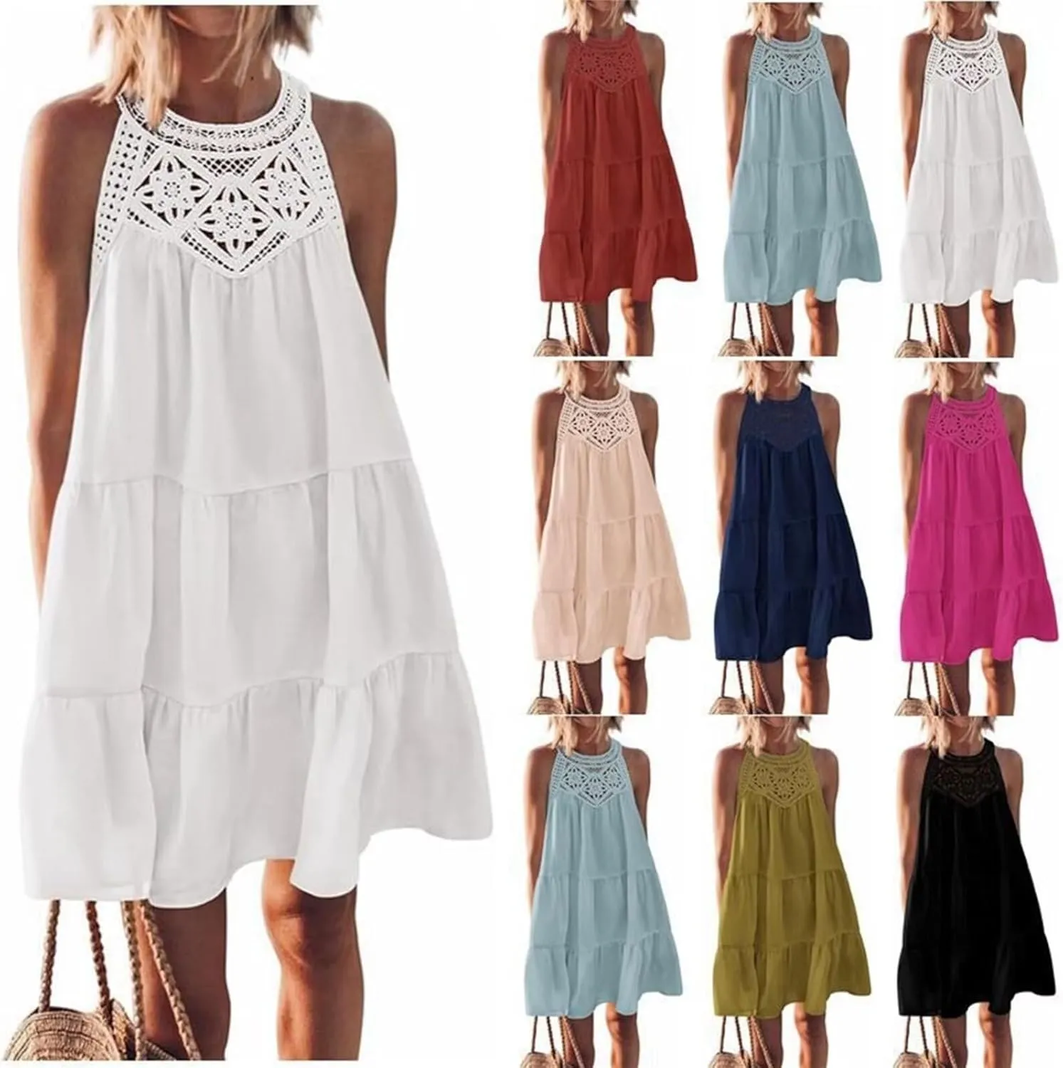 Womens Summer Dresses Casual Loose Sundress Sleeveless Flowy Mini Dresses Cute Boho Vacation Beach Dresses Plus Size