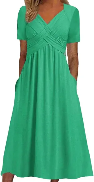 Women's Summer Dresses Casual Short Sleeve Long Dresses V Neck Flowy Tiered Midi Dress Beach Vacation Sundress with Pockets