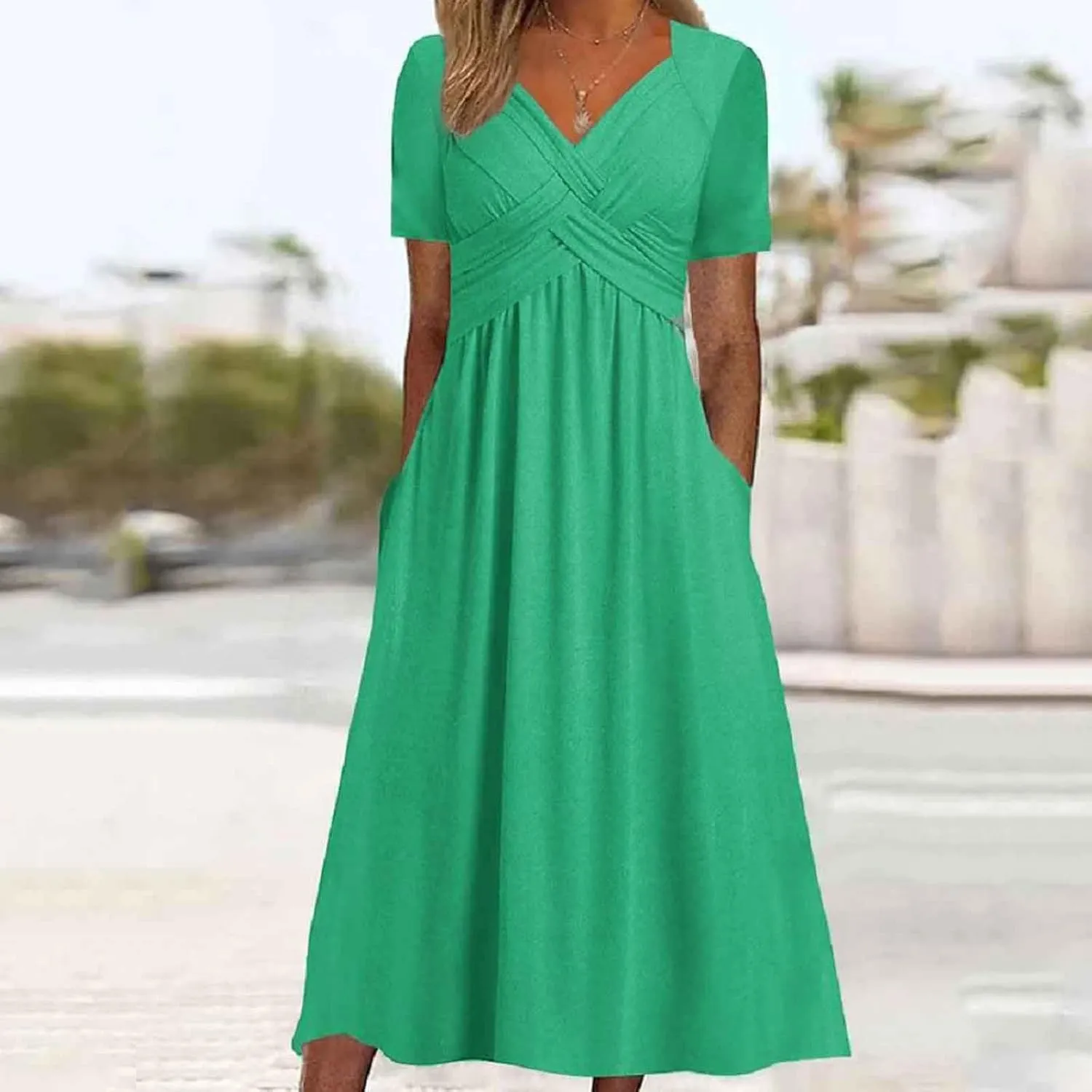 Women's Summer Dresses Casual Short Sleeve Long Dresses V Neck Flowy Tiered Midi Dress Beach Vacation Sundress with Pockets