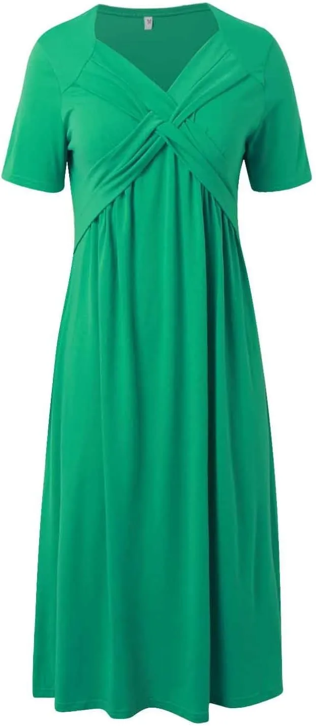 Women's Summer Dresses Casual Short Sleeve Long Dresses V Neck Flowy Tiered Midi Dress Beach Vacation Sundress with Pockets