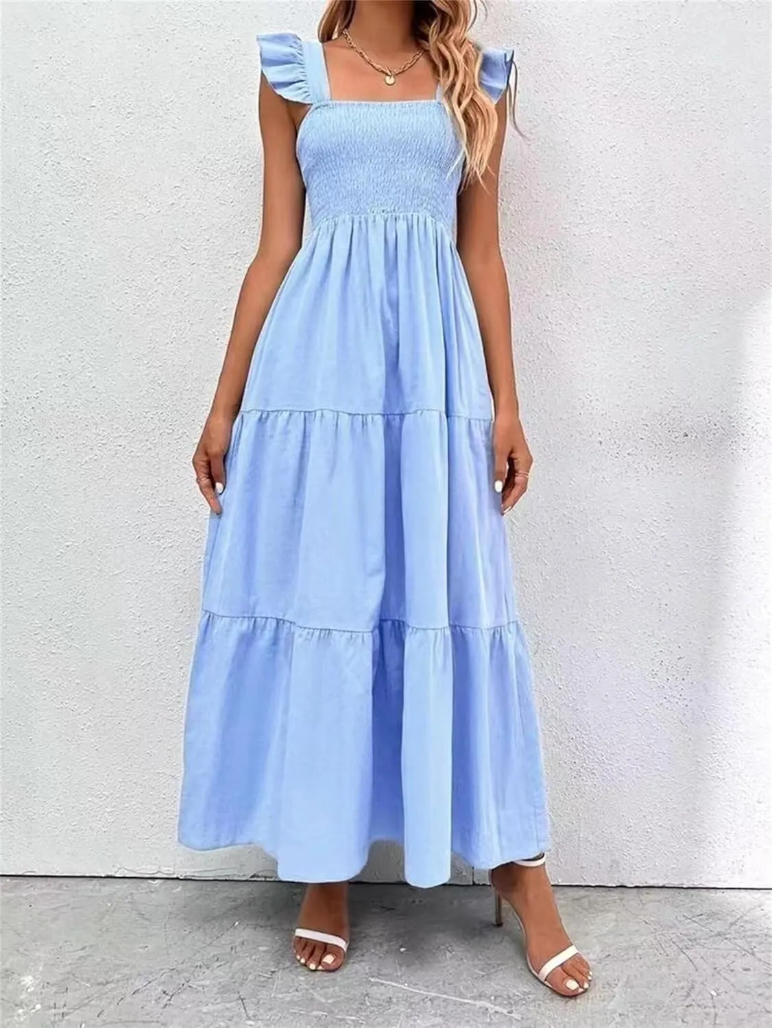 Womens Summer Dresses Causal Sleeveless Maxi Dresses Trendy Ruffle Dresses Vacation Beach Sun Dresses Boho Maxi Dress