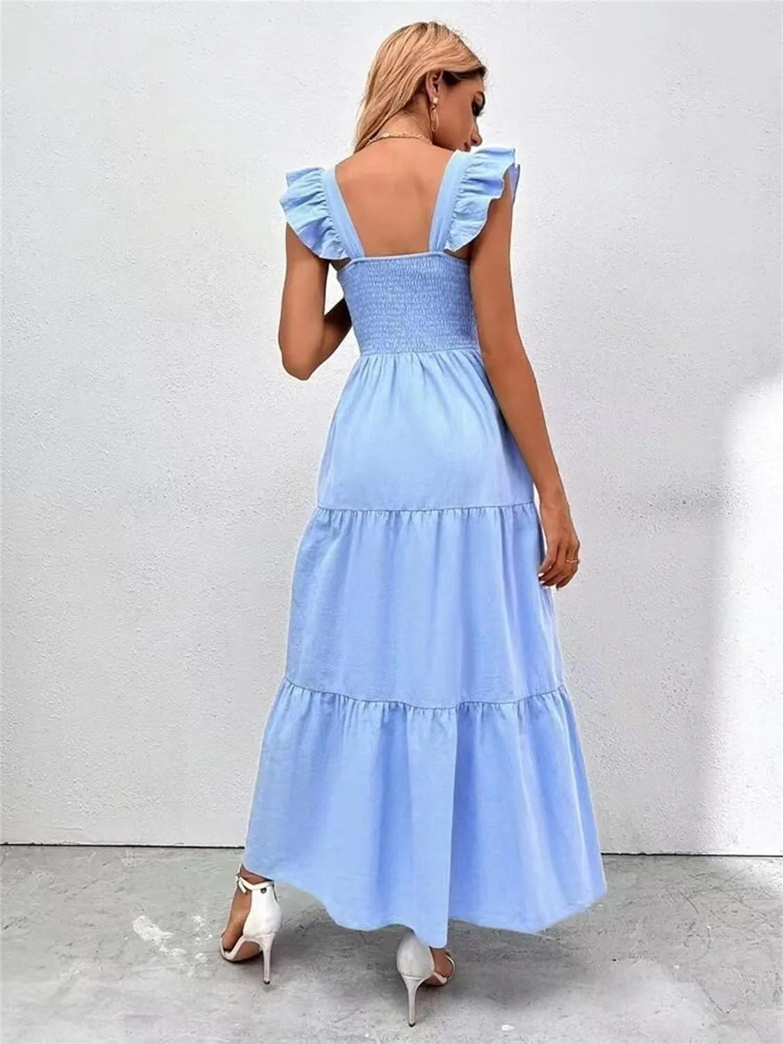 Womens Summer Dresses Causal Sleeveless Maxi Dresses Trendy Ruffle Dresses Vacation Beach Sun Dresses Boho Maxi Dress