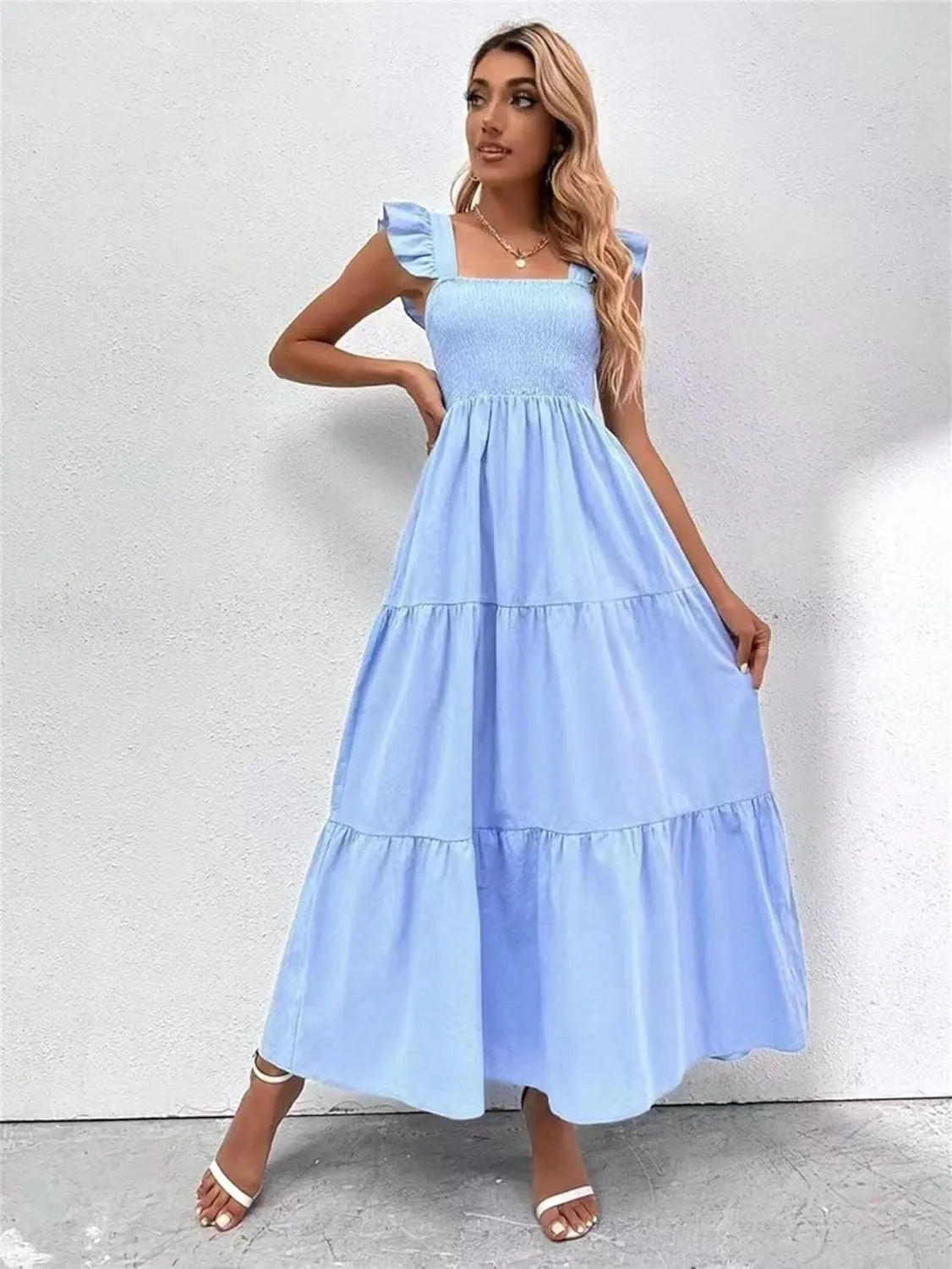 Womens Summer Dresses Causal Sleeveless Maxi Dresses Trendy Ruffle Dresses Vacation Beach Sun Dresses Boho Maxi Dress