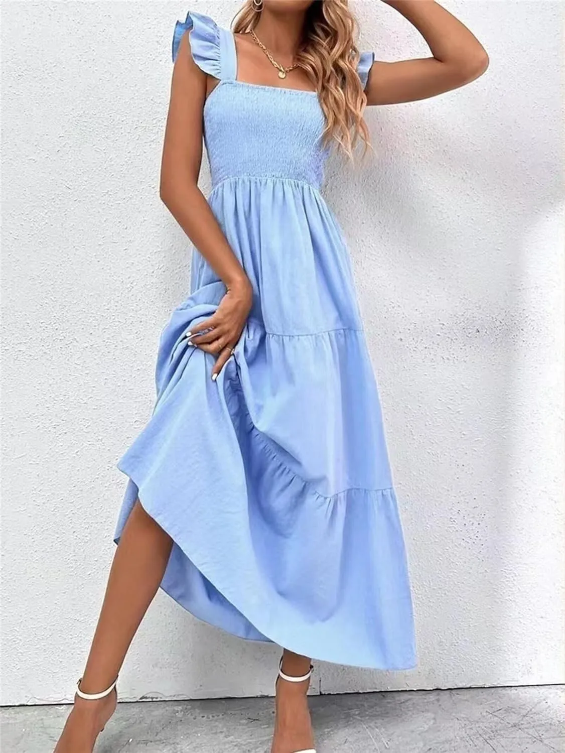 Womens Summer Dresses Causal Sleeveless Maxi Dresses Trendy Ruffle Dresses Vacation Beach Sun Dresses Boho Maxi Dress