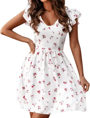 Womens Summer Dresses Ruffle Short Sleeve Floral Print Casual Mini Dresses Smocked Flowy Boho Dresses for Women