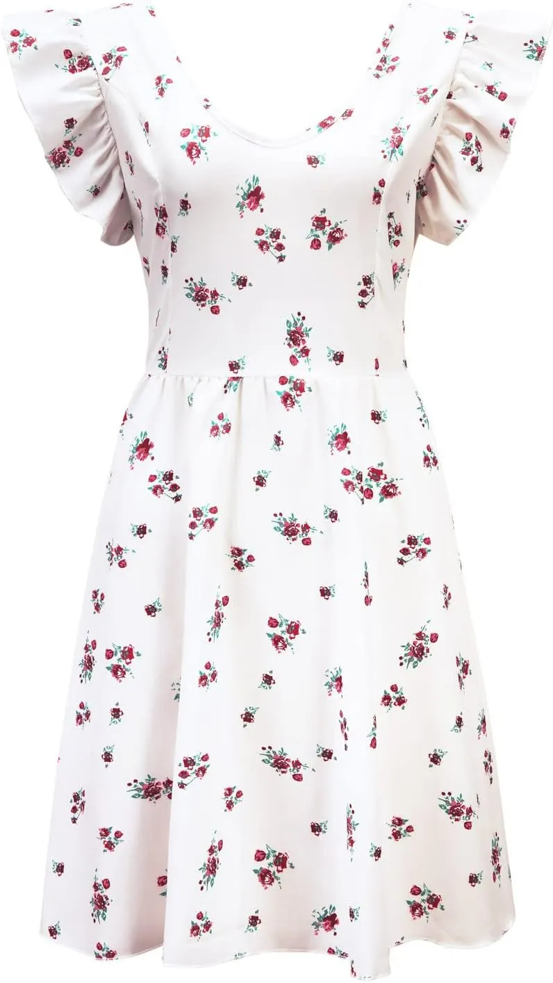 Womens Summer Dresses Ruffle Short Sleeve Floral Print Casual Mini Dresses Smocked Flowy Boho Dresses for Women