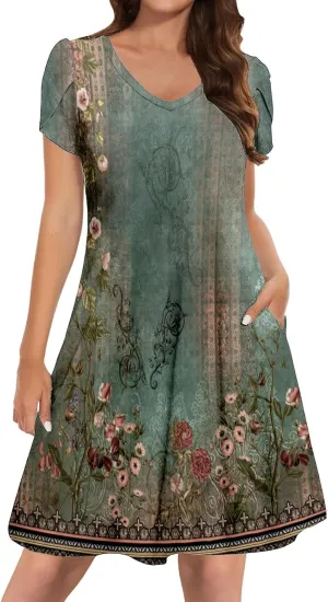 Women's Summer Floral Dresses 2025 Short Sleeve Beach Sundress Crew Neck Casual Flowy A-Line Dresses with Pocket