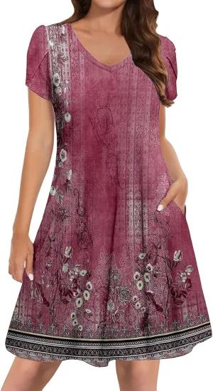 Women's Summer Floral Dresses 2025 Short Sleeve Beach Sundress Crew Neck Casual Flowy A-Line Dresses with Pocket