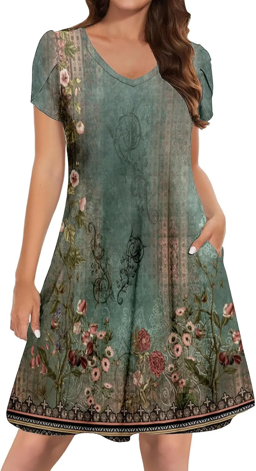 Women's Summer Floral Dresses 2025 Short Sleeve Beach Sundress Crew Neck Casual Flowy A-Line Dresses with Pocket