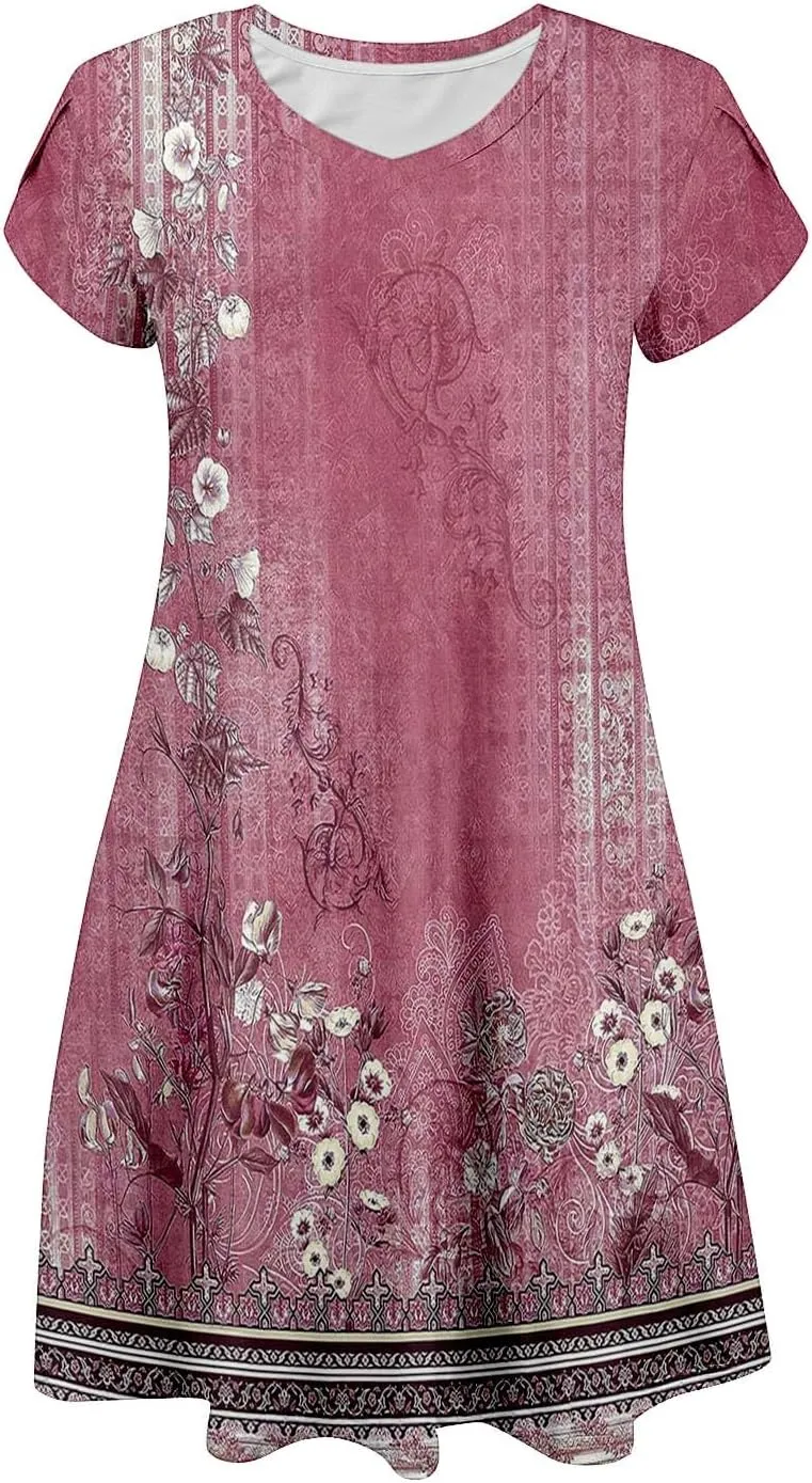 Women's Summer Floral Dresses 2025 Short Sleeve Beach Sundress Crew Neck Casual Flowy A-Line Dresses with Pocket