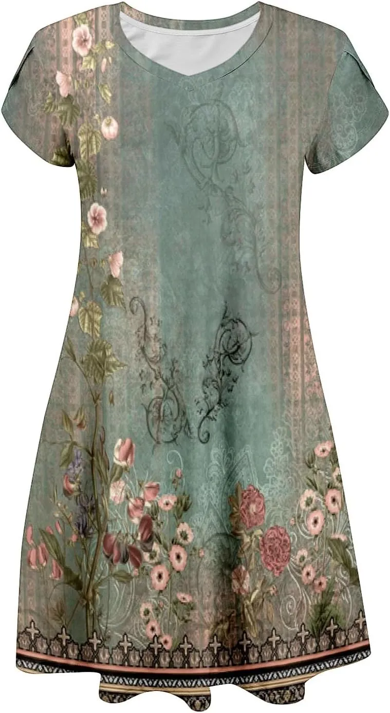 Women's Summer Floral Dresses 2025 Short Sleeve Beach Sundress Crew Neck Casual Flowy A-Line Dresses with Pocket
