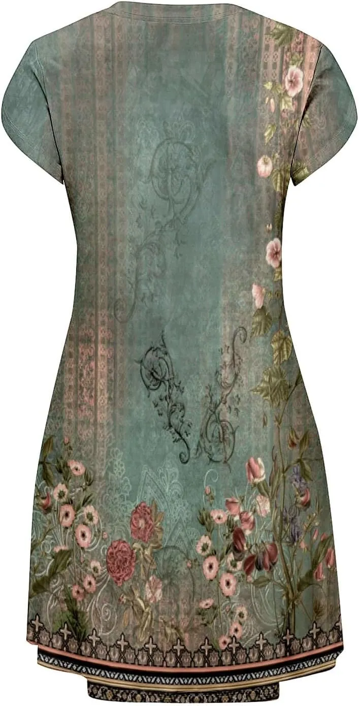 Women's Summer Floral Dresses 2025 Short Sleeve Beach Sundress Crew Neck Casual Flowy A-Line Dresses with Pocket