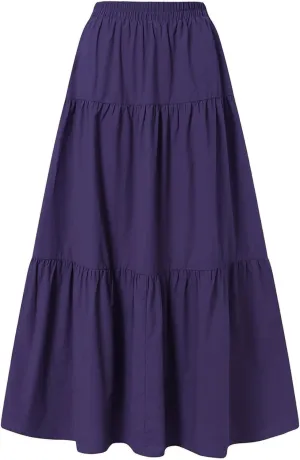 Womens Summer High Waist Boho Solid Color Maxi Skirt Casual Flowy Swing Tiered A Beach Long Skirts