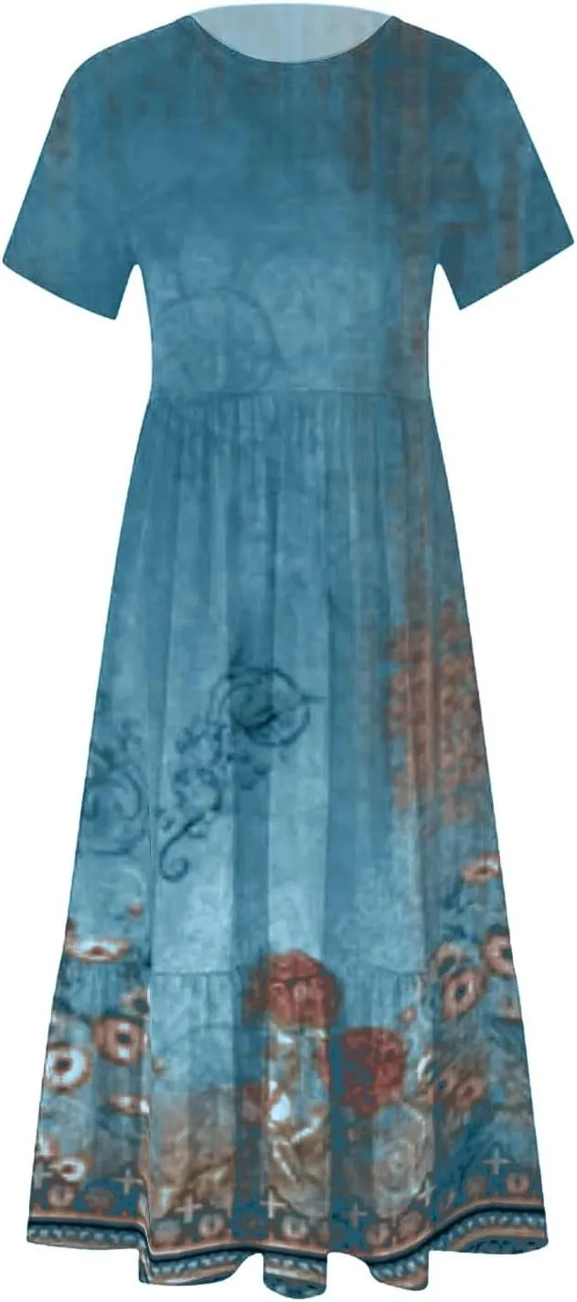Women's Summer Short Sleeve A-Line Midi Dresses Casual Floral T-Shirt Dress Flowy Beach Sundress with Pockets