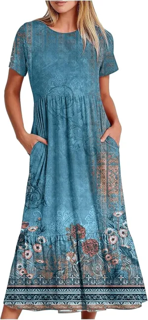 Women's Summer Short Sleeve A-Line Midi Dresses Casual Floral T-Shirt Dress Flowy Beach Sundress with Pockets