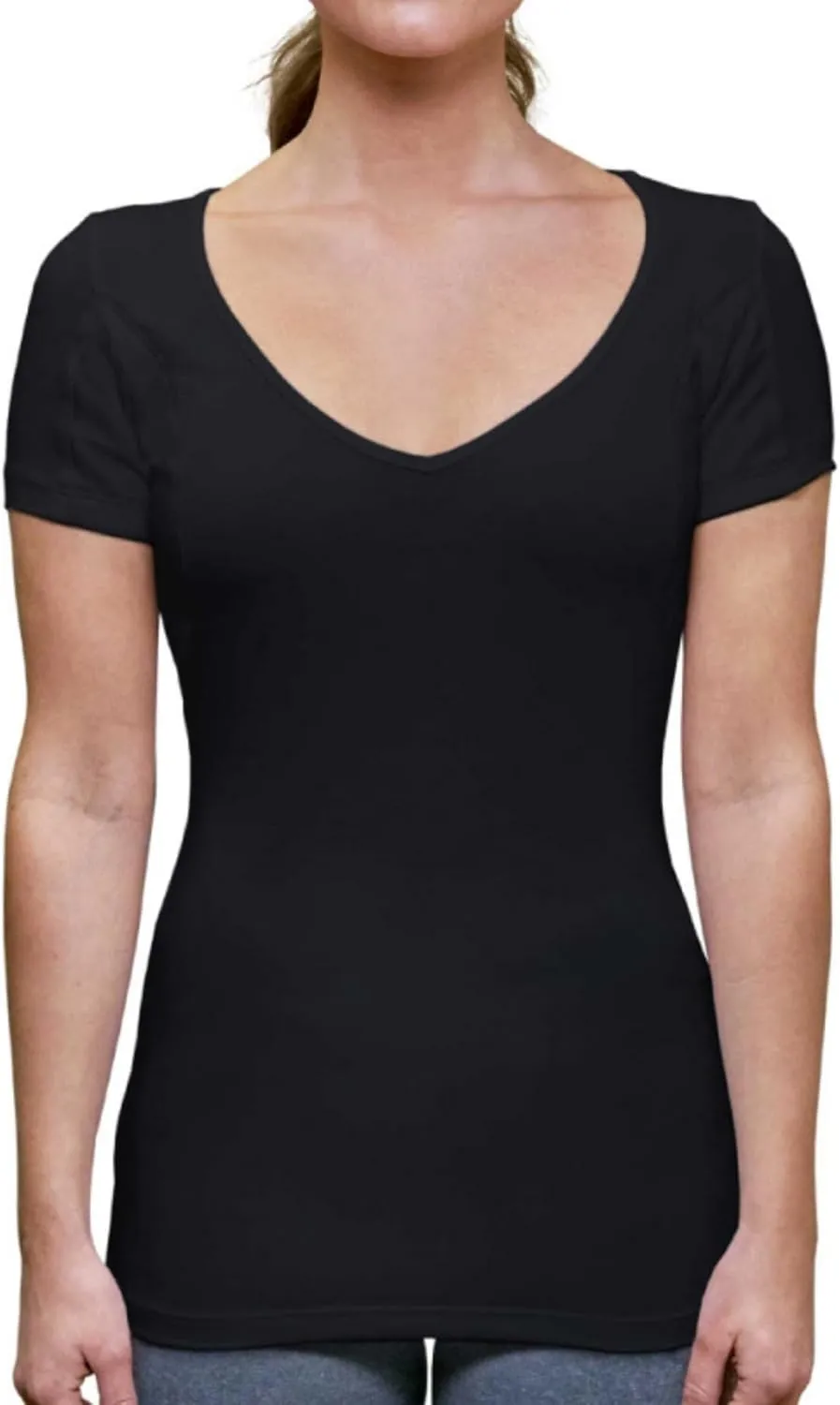 Women's Sweatproof Undershirt | Deep V Neck T-Shirt with Underarm Sweat Pads | Slim Fit | Aluminum-Free Alternative | Black | XX-Large