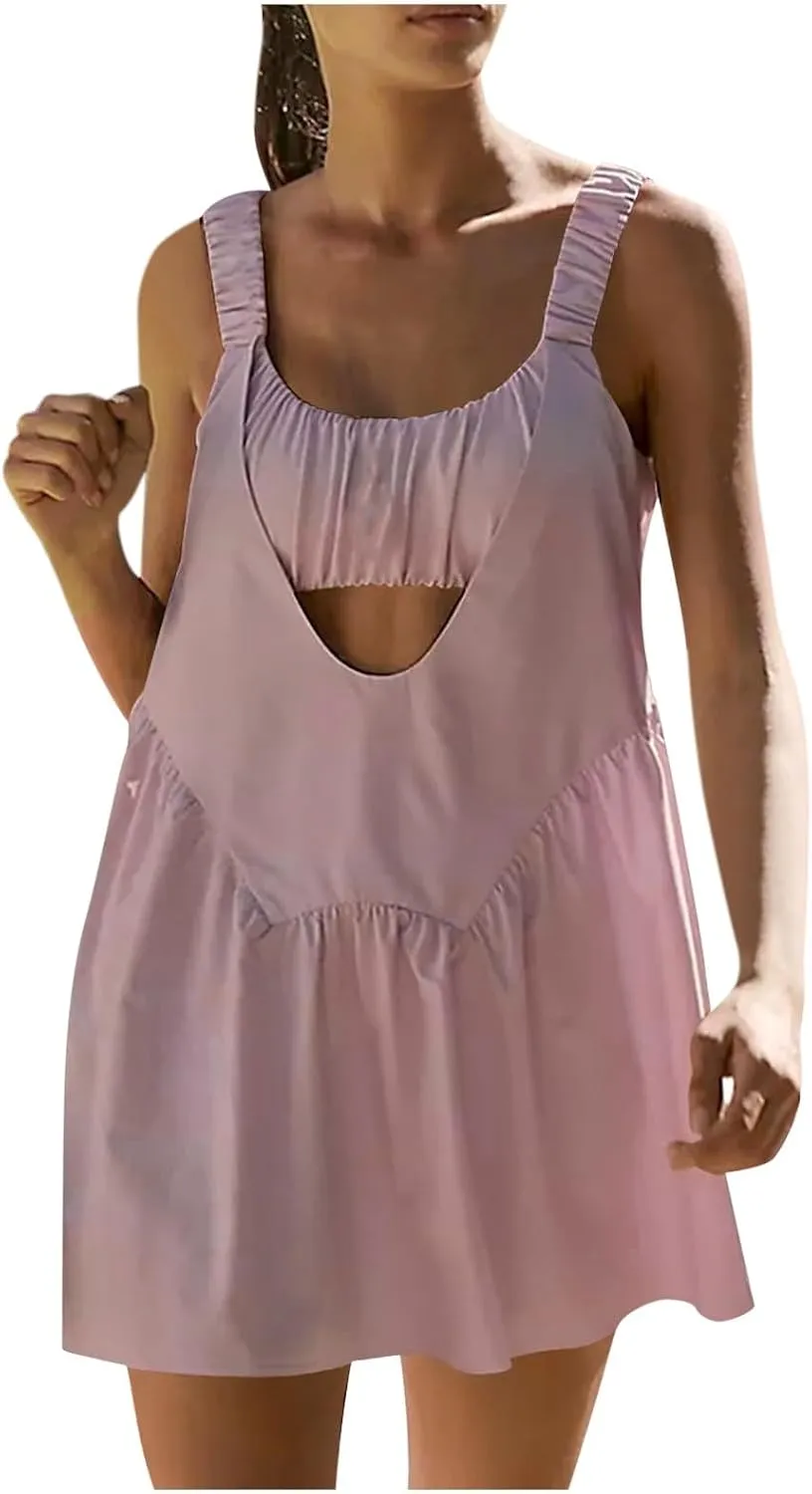 Womens Tennis Dress Built-in Bra and Shorts Cut Out Workout Outfits Athletic Dresses Teen Girls Activewear Dresses