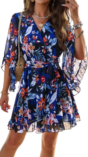 Womens Trendy Summer Dresses Cute Floral Dresses Short Sleeve Mini Dress Ruffle Vacation Dresses Cocktail Party Dress