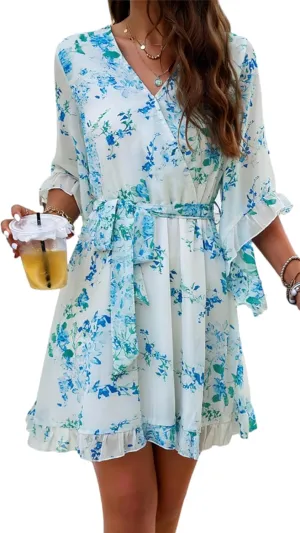 Womens Trendy Summer Dresses Cute Floral Dresses Short Sleeve Mini Dress Ruffle Vacation Dresses Cocktail Party Dress
