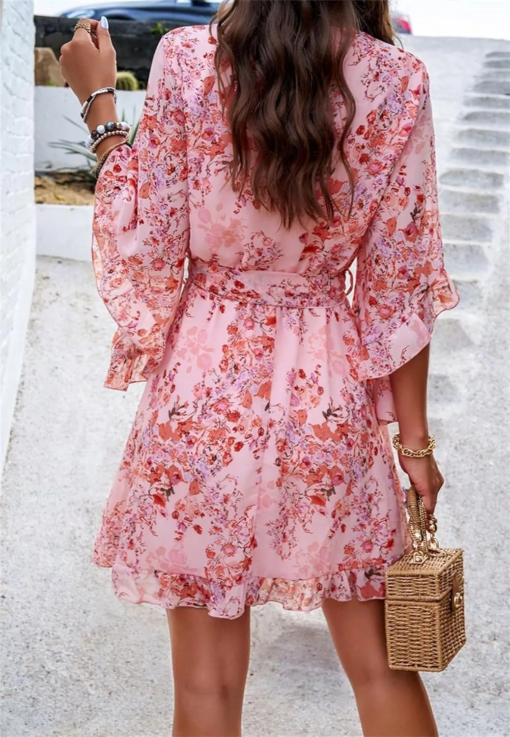 Womens Trendy Summer Dresses Cute Floral Dresses Short Sleeve Mini Dress Ruffle Vacation Dresses Cocktail Party Dress