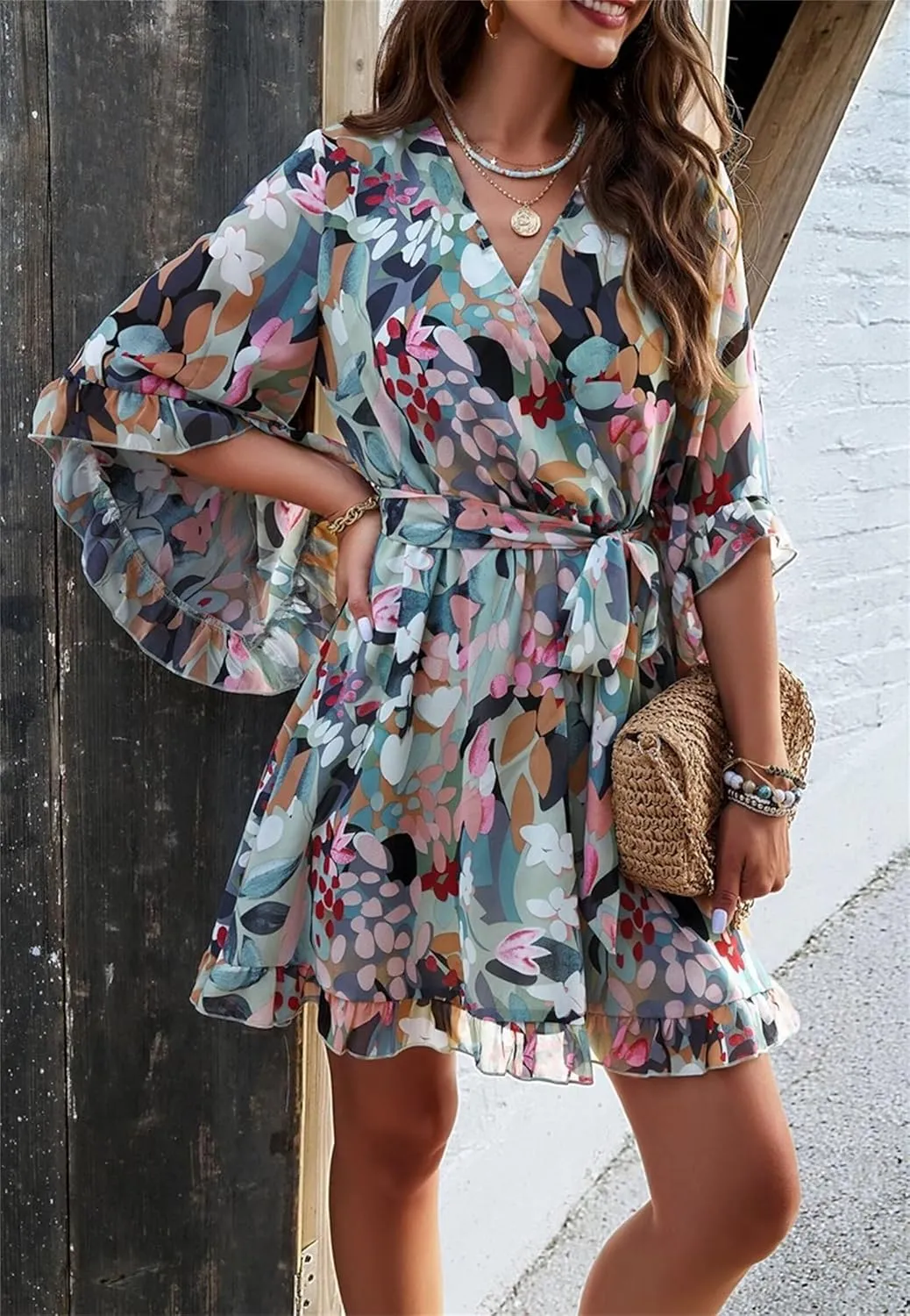 Womens Trendy Summer Dresses Cute Floral Dresses Short Sleeve Mini Dress Ruffle Vacation Dresses Cocktail Party Dress