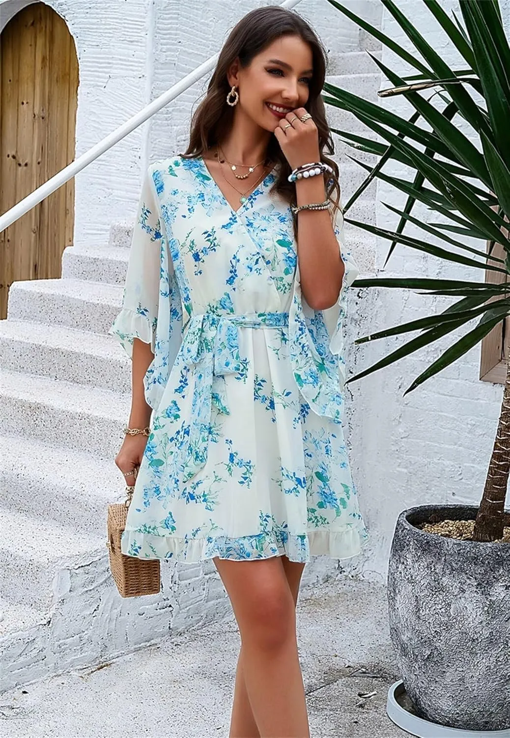Womens Trendy Summer Dresses Cute Floral Dresses Short Sleeve Mini Dress Ruffle Vacation Dresses Cocktail Party Dress