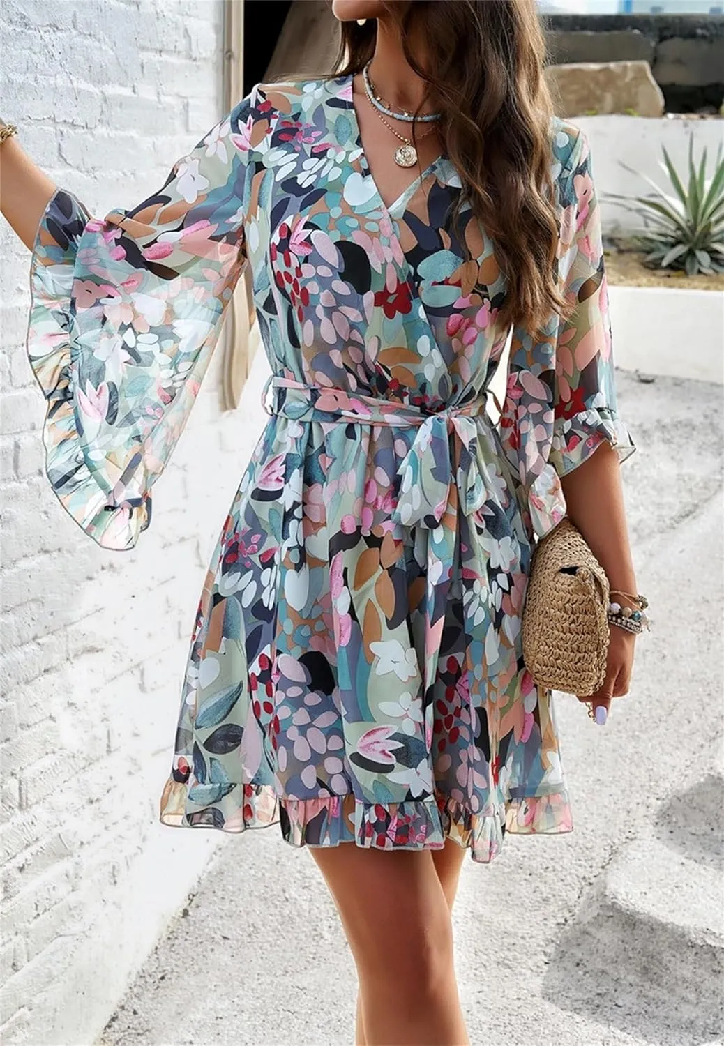 Womens Trendy Summer Dresses Cute Floral Dresses Short Sleeve Mini Dress Ruffle Vacation Dresses Cocktail Party Dress